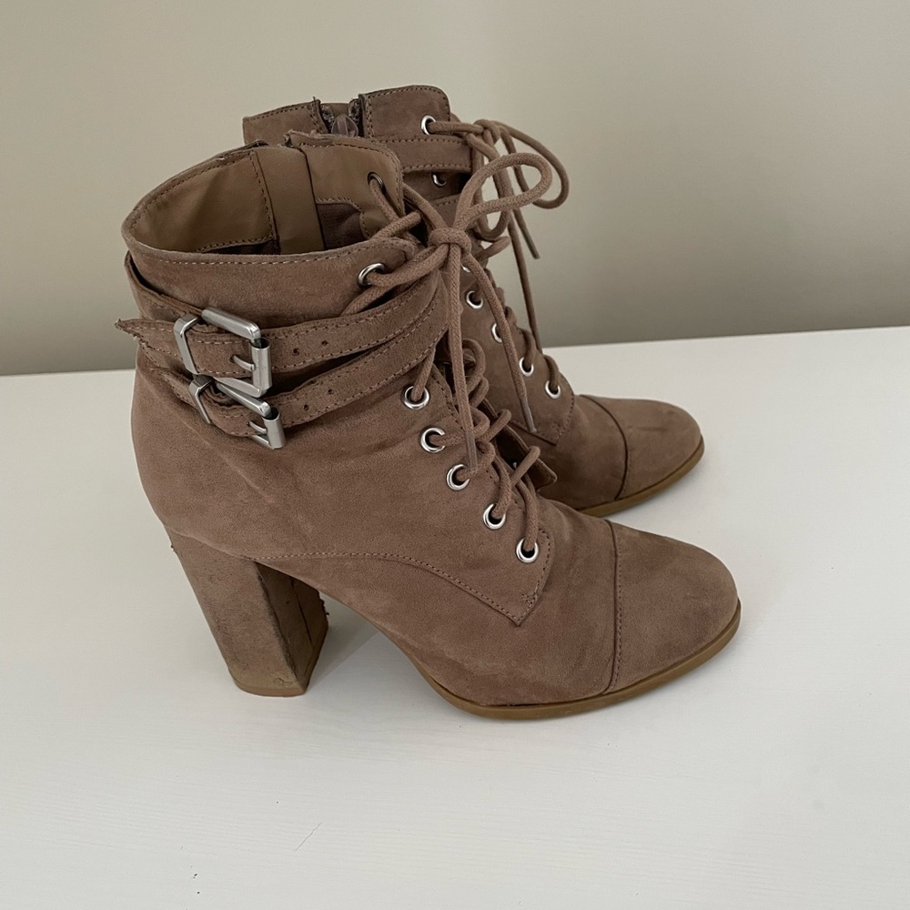 Madden Girl Taupe Suede Lace-Up Combat Booties with Buckle Straps